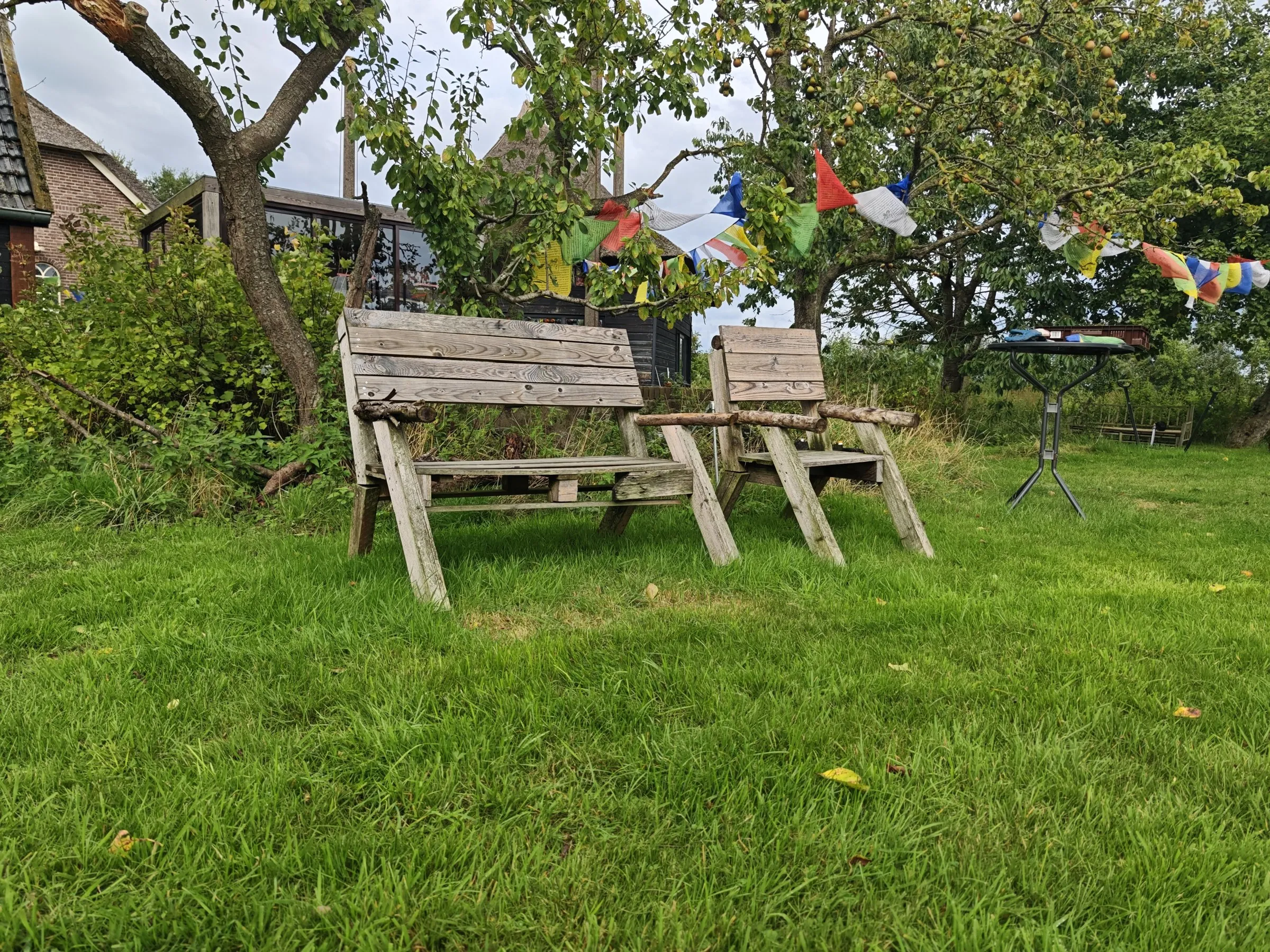 De tuinstoelen in een boomgaard
